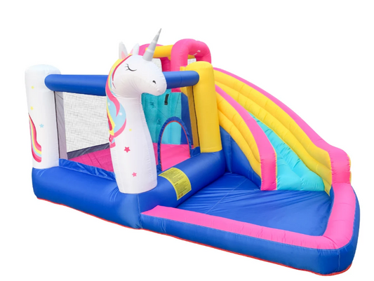 🦄 מתקן מתנפח חד קרן עם מים – קפיצה, מגלשה ובריכת שכשוך 63109
