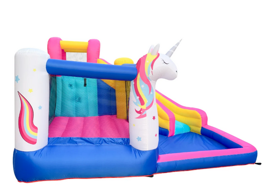 🦄 מתקן מתנפח חד קרן עם מים – קפיצה, מגלשה ובריכת שכשוך 63109