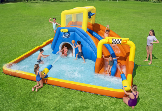 🏁 פארק מים מתנפח ענק עם 2 מגלשות -מסלול מירוצים סוער | Bestway | 53377