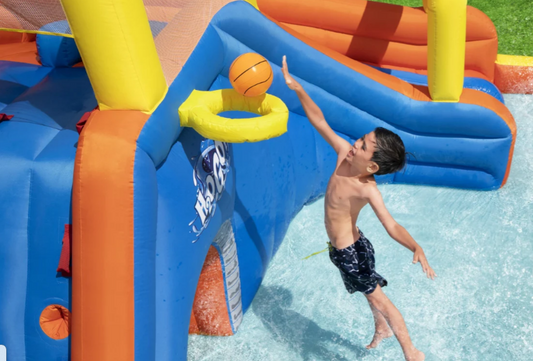 🏁 פארק מים מתנפח ענק עם 2 מגלשות -מסלול מירוצים סוער | Bestway | 53377