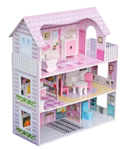 W06A139 - בית בובות טלי לילדים שלוש קומות, בצבעים בהירים כולל ריהוט לבית, בית העץ