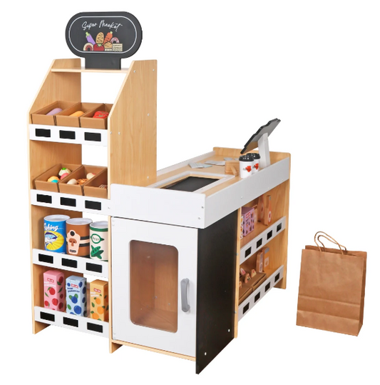 עמדת סופר עם קופה מעץ לילדים W10A214 שמח עד הבית