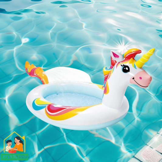 בריכה מתנפחת בעיצוב חד קרן עם גגון נשלף ומזרקת מים 58435