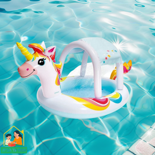 בריכה מתנפחת בעיצוב חד קרן עם גגון נשלף ומזרקת מים 58435