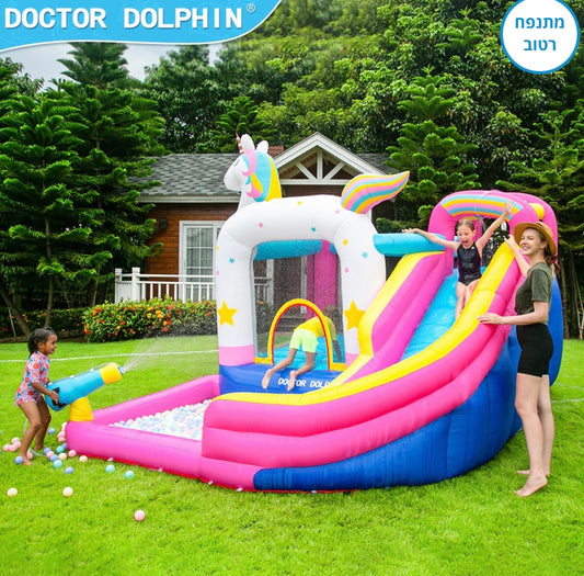 מתקן מתנפח עם מים בצורת חד קרן וקשת בענן W63103