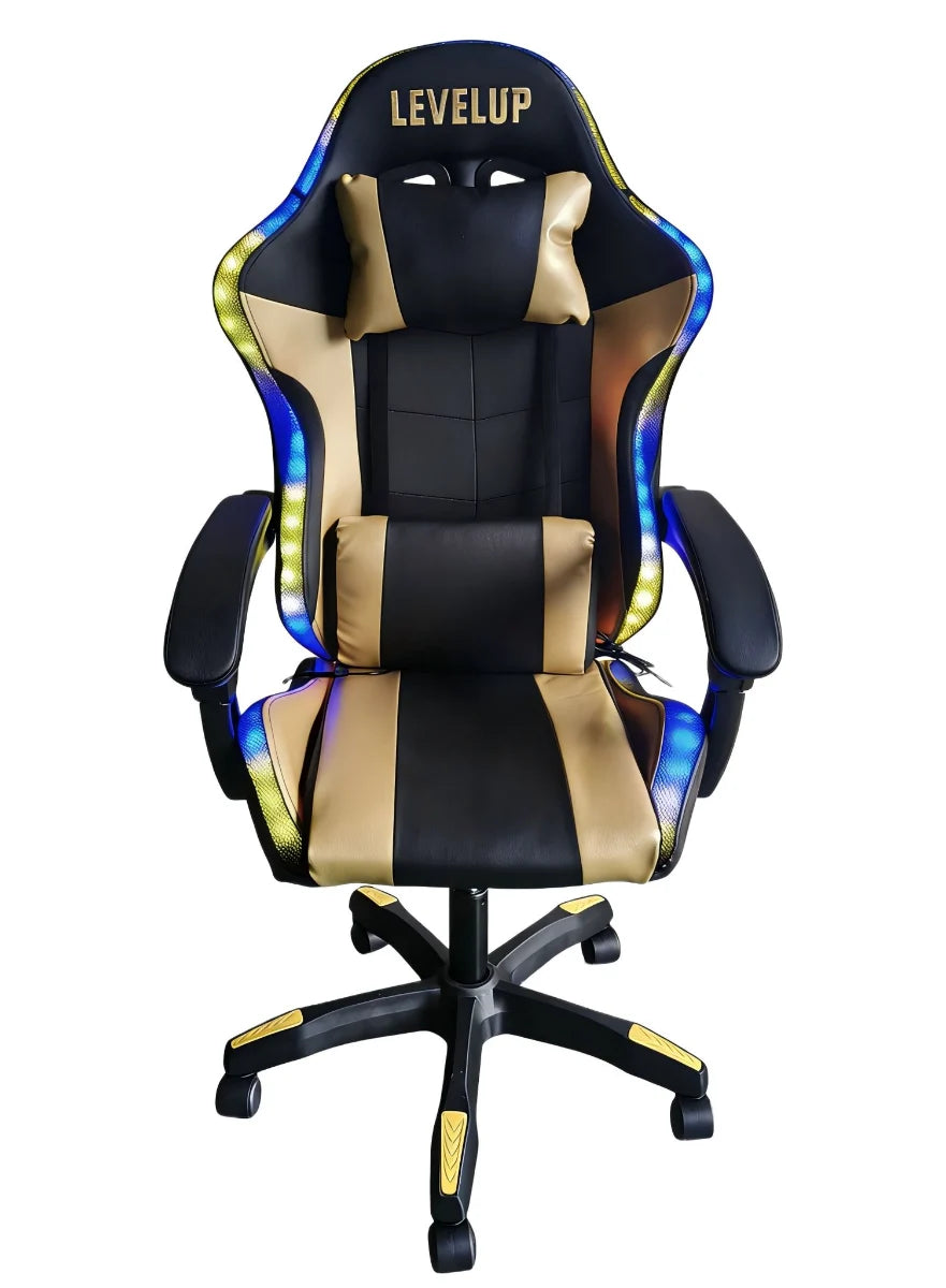 כיסא גיימינג זהב עם תאורת RGB - LEVEL UP | שמח עד הבית