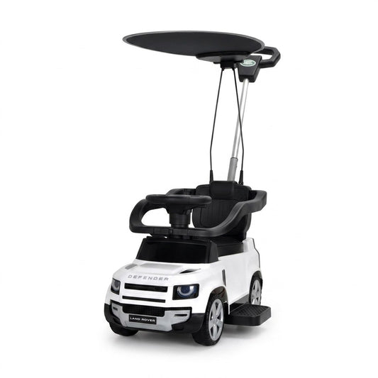 בימבה ישיבה עם מוט דחיפה וכיוונון להורה LANDROVER DEFENDER עם צופר וגגון צבע לבן