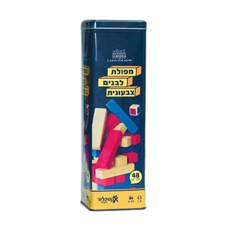 משחק מפולת לבנים צבעוני מעץ בקופסת מתכת