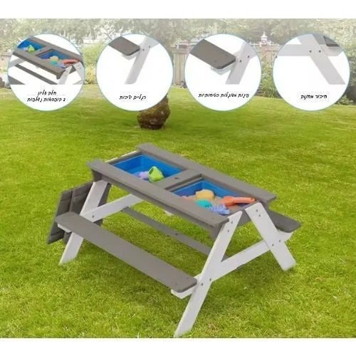 שולחן פיקניק מעץ לילדים עם שימשייה ותאי פעילות דגם פליי TB2401