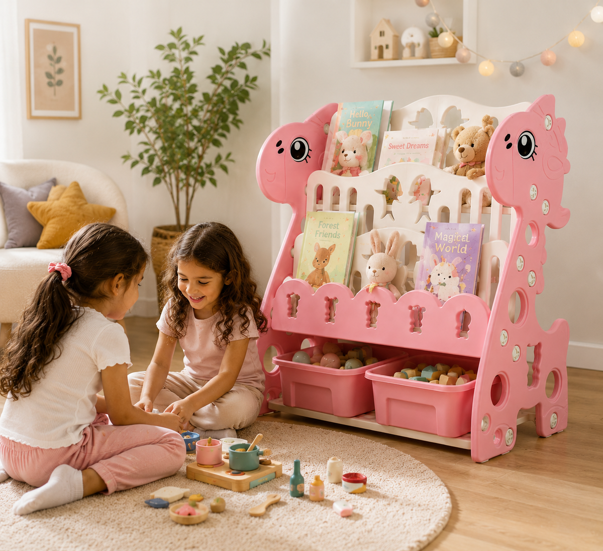 ארגונית ספרים ג'ירפה ורודה עם 3 מדפים ו-2 קופסאות - שמח עד הבית (תמונה 4)
