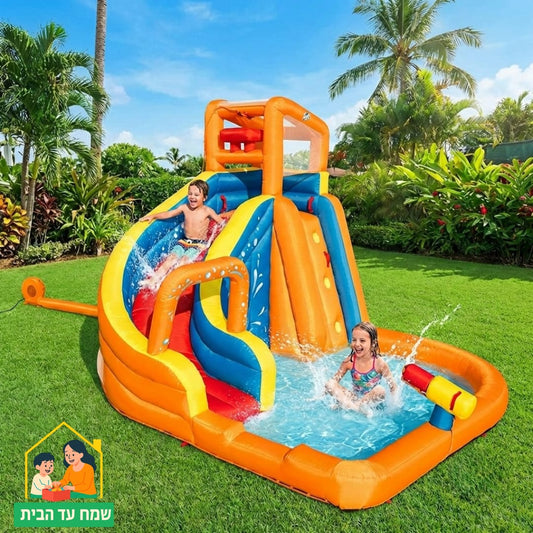 מתנפח מים בינוני כתום - מגלשה + קיר טיפוס + שכשוכית