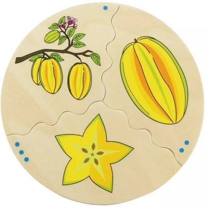 ילד משחק במשחק לוגי מעץ להכרת הפירות