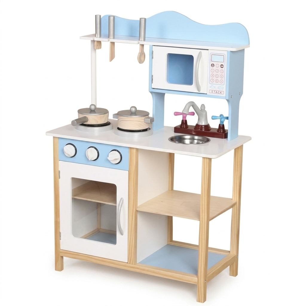 מטבח דוד - מטבח עץ לילדים בגוון תכלת פסטל קלאסי