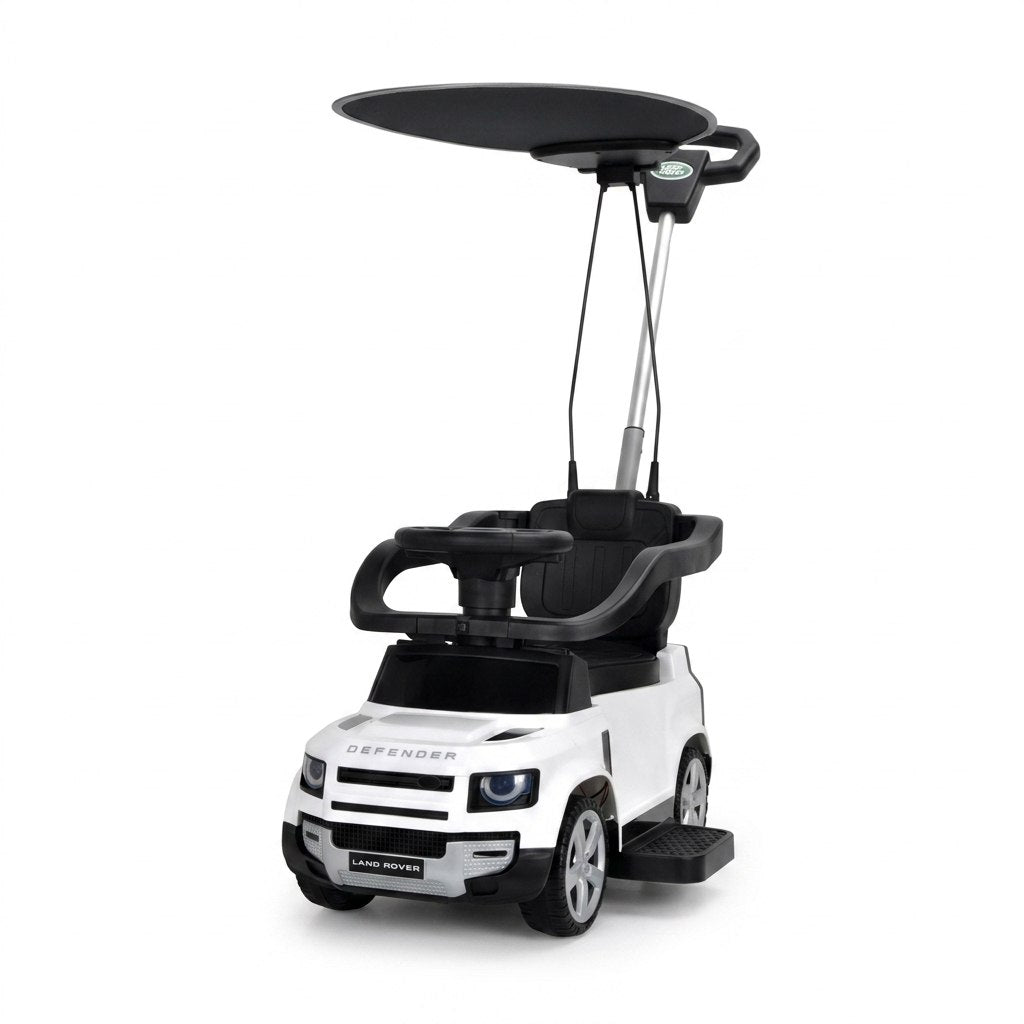 בימבה ישיבה עם מוט דחיפה וכיוונון להורה LANDROVER DEFENDER עם צופר וגגון צבע לבן