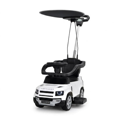 בימבה ישיבה עם מוט דחיפה וכיוונון להורה LANDROVER DEFENDER עם צופר וגגון צבע לבן