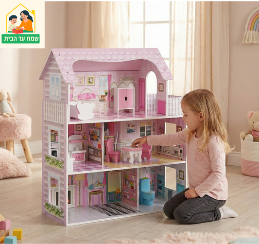W06A139 - בית בובות טלי לילדים שלוש קומות, בצבעים בהירים כולל ריהוט לבית, בית העץ