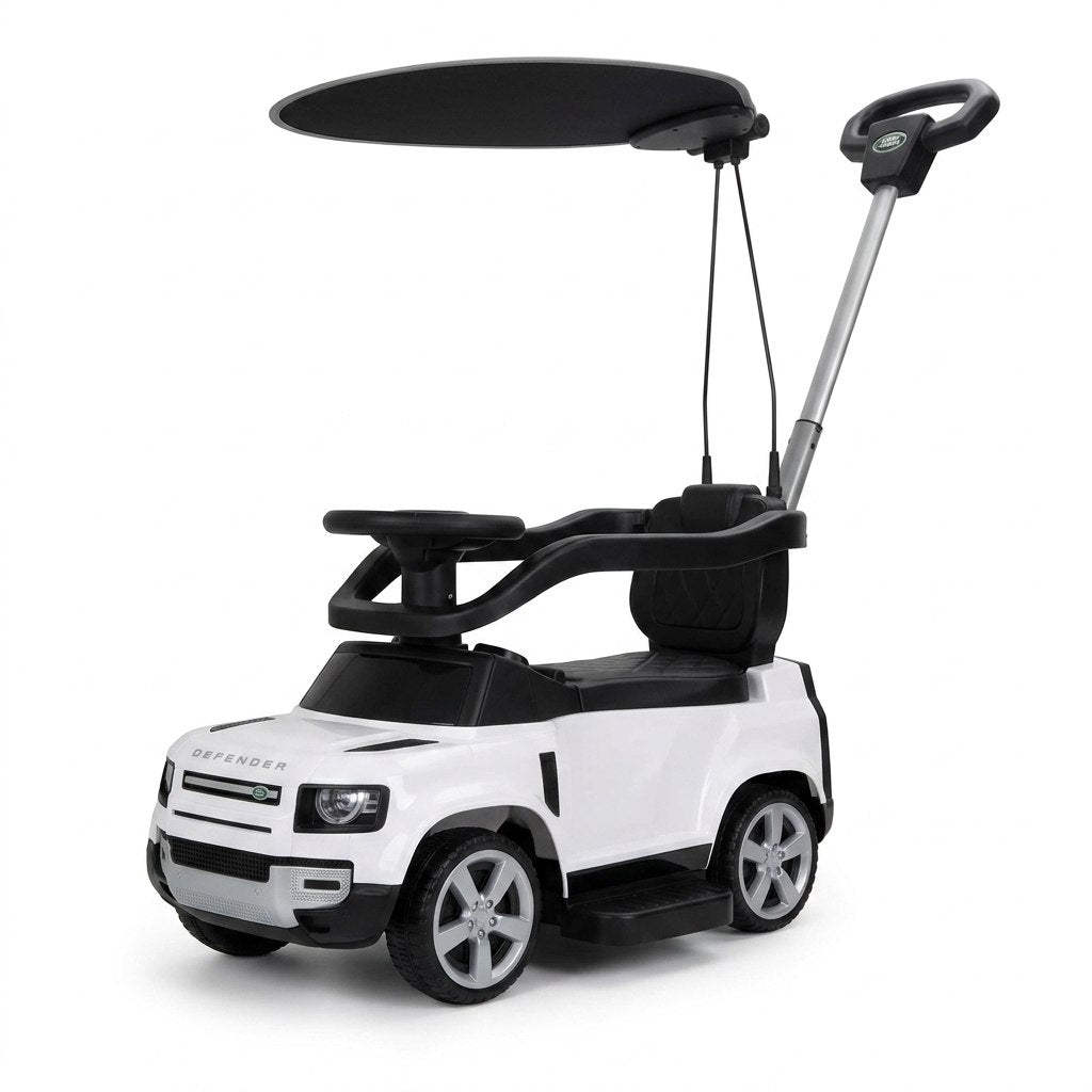 בימבה ישיבה עם מוט דחיפה וכיוונון להורה LANDROVER DEFENDER עם צופר וגגון צבע לבן