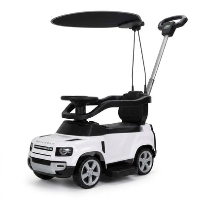 בימבה ישיבה עם מוט דחיפה וכיוונון להורה LANDROVER DEFENDER עם צופר וגגון צבע לבן