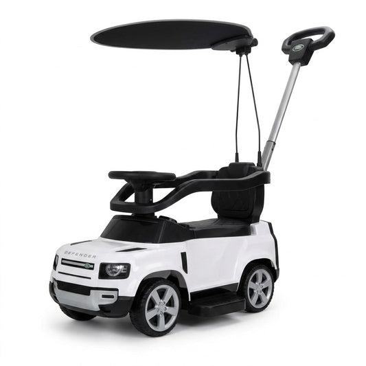 בימבה ישיבה עם מוט דחיפה וכיוונון להורה LANDROVER DEFENDER עם צופר וגגון צבע לבן
